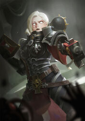  1girl adepta_sororitas aiming aiming_at_viewer armor book facial_tattoo feet_out_of_frame highres holding holding_bolter holding_book holding_weapon imminent_death inquisition_(warhammer) pov pov_hands power_armor qianbi solo tattoo warhammer_40k weapon white_eyes white_hair 
