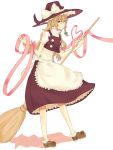  absurdres apron artist_request blonde_hair bow braid broom buttons dress footwear frills hair_bow hair_ornament hat highres kirisame_marisa long_hair ribbon shoes simple_background smile socks solo taka_hijiri touhou witch witch_hat yellow_eyes 