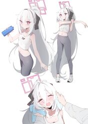  1boy 1girl absurdres alternate_costume alternate_hairstyle black_hairband blue_archive blush bottle closed_eyes commentary double-parted_bangs hair_between_eyes hairband half_updo halo highres holding holding_bottle holding_towel jjigong_chigon kei_(blue_archive) long_hair long_hair_between_eyes looking_at_viewer loosely_tucked_bangs multiple_views navel open_mouth pants pink_eyes pink_halo ponytail pov pov_hands rectangular_halo ringed_eyes shirt shoes sleeveless sneakers solo_focus stomach stretching sweat tank_top towel very_long_hair water_bottle wavy_mouth white_background white_hair white_shirt white_shoes wiping_another's_face workout_clothes yoga_pants 