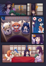  absurdres black_eyes black_hair blonde_hair blue_bow blue_eyes bmkro bow brown_hair clownpiece commission curly_hair dress drill_hair fairy fairy_wings green_hair hair_bow hakurei_reimu hat highres hime_cut horns japanese_clothes jester_cap kimono komainu_girl komano_aunn life_at_the_hakurei_shrine_(touhou) long_hair long_sleeves looking_at_viewer luna_child multiple_girls orange_hair rain ribbon short_hair single_horn skirt spoken_object star_sapphire sunny_milk touhou violet_eyes wet wings zzz 