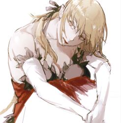  1girl bare_shoulders blonde_hair breasts dress elbow_gloves feather-trimmed_dress feather-trimmed_gloves feather_trim gloves highres kiss-shot_acerola-orion_heart-under-blade kizumonogatari long_hair monogatari_(series) oshino_shinobu pointy_ears red_dress ribbon simple_background sitting solo strapless strapless_dress taki_(a313131333) vampire very_long_hair white_background yellow_eyes 