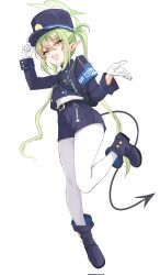  1girl :d armband belt black_belt black_boots black_hat black_jacket black_shorts blue_archive blue_armband boots buttons commentary corrupted_twitter_file demon_girl demon_tail double-breasted dutch_angle eitakotoku fang full_body gloves green_hair green_halo halo hand_on_headwear hands_up hat highres jacket knees_together_feet_apart long_hair long_sleeves looking_at_viewer nozomi_(blue_archive) open_hand open_mouth pantyhose peaked_cap pointy_ears shirt shorts sidelocks simple_background skin_fang smile solo standing standing_on_one_leg tail thighs twintails very_long_hair white_background white_gloves white_pantyhose white_shirt yellow_eyes 