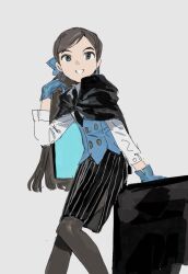  1girl alternate_universe black_capelet black_necktie black_pantyhose black_skirt blue_bow blue_capelet blue_eyes blue_gloves blue_vest bow brown_hair capelet chinese_commentary commentary_request dot_nose dress_shirt earrings feet_out_of_frame flat_chest gloves gravity_falls grey_background grin hair_bow hand_up highres hood hooded_capelet jewelry long_hair long_sleeves ma_fu mabel_gleeful mabel_pines medium_skirt necktie palmar_flexion pantyhose parted_hair pencil_skirt reverse_falls_(gravity_falls) shirt side_part side_slit simple_background skirt smile solo straight_hair striped_clothes striped_skirt two-sided_capelet two-sided_fabric two-tone_capelet vertical-striped_clothes vertical-striped_skirt very_long_hair vest waistcoat white_shirt 