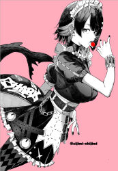  1girl argyle_clothes argyle_pantyhose black_hair black_nails breasts candy colored_inner_hair commentary_request cropped_legs ellen_joe english_text fins fish_tail food frilled_shirt_collar frills hair_ornament hairband highres holding holding_candy holding_food holding_lollipop large_breasts large_tail lollipop looking_at_viewer maid_headdress metal_hairband multicolored_hair pink_background razor_blade_hair_ornament scar scar_on_tail shark_girl shark_tail short_hair short_sleeves sijimichijimi solo solo_focus spiked_headband tail twitter_username two-tone_hair zenless_zone_zero 