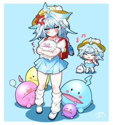  1girl :< :3 absurdres ahoge anger_vein angry backpack bag blue_background blue_eyes blue_hair blush border braid chibi closed_eyes commentary_request crime_prevention_buzzer full_body hair_flaps hair_ornament hairclip hat highres hololive hololive_dev_is implied_pantyshot kindergarten kindergarten_uniform lightning_ahoge long_hair looking_at_viewer loose_socks low_twin_braids mizumiya_su multicolored_hair musical_note open_mouth pink_hair pink_streaks pleated_skirt randoseru red_bag rekio_(mizumiya_su) sakura_aehkosuz school_hat shirt shoes short_sleeves signature skirt smile socks speech_bubble spoken_anger_vein spoken_musical_note streaked_hair thighs thought_bubble translation_request twin_braids virtual_youtuber white_socks yellow_hat 