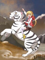  1girl absurdres arm_up blonde_hair blue_eyes blush brown_skirt claws commentary cross-laced_shoes english_commentary eyes_visible_through_hair fine_art_parody from_side full_body hair_between_eyes hayate_no_gotoku! highres hood hood_down hooded_vest hoodie horseback_riding long_hair long_sleeves looking_at_viewer lostorder miniskirt mountainous_horizon napoleon_crossing_the_alps open_mouth outdoors parody pleated_skirt rearing red_vest riding riding_animal sanzen'in_nagi shirt shoes sidelocks sitting skirt slit_pupils sneakers solo tama_(hayate_no_gotoku) thigh-highs tiger twintails v-shaped_eyebrows very_long_hair vest white_shirt white_thighhighs white_tiger yellow_eyes yellow_shoes zettai_ryouiki 