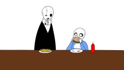  2022 2boys 2d aged_down animated animated_gif black_coat blue_sleeves blue_stripes burger child coat commentary con-cognito digital_media double_horizontal_stripe duo eating english_commentary family father_and_son food french_fries height_difference hole_in_hand hollow_eyes horizontal-striped_clothes horizontal-striped_shirt humanoid long_sleeves looping_animation male male_focus male_only monster monster_boy multiple_boys rayman_limbs sans_(undertale) shirt simple_background skeleton striped_clothes striped_shirt sweater tray turtleneck turtleneck_sweater two-tone_shirt undead undertale utdr_(toby_fox) w.d._gaster white_background white_shirt white_sweater 