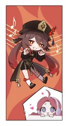  2girls ahoge black_nails black_shorts blue_eyes blush claw_pose closed_mouth flower full_body genshin_impact hair_between_eyes hands_on_table hands_up hat hat_flower headphones heart heart-shaped_pupils highres hu_tao_(genshin_impact) long_hair long_sleeves multiple_girls musical_note nail_polish open_mouth original pale_skin pr_ponnyan red_background red_eyes red_flower red_hair shorts smile socks spread_legs star-shaped_pupils star_(symbol) symbol-shaped_pupils teeth twintails white_socks 