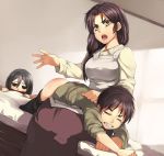  1boy 2girls ass black_eyes black_hair blush brown_eyes carla_jaeger child closed_eyes eren_jaeger highres mikasa_ackerman mother_and_son multiple_girls nishimuku_meri red_butt shingeki_no_kyojin spanked tears young 