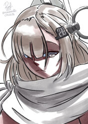  1girl bare_arms brown_hair commentary english_commentary grey_eyes hair_ornament hair_over_one_eye hairclip headgear highres kantai_collection long_hair one-hour_drawing_challenge portrait ron_(pixiv83091338) scarf simple_background wahoo_(kancolle) white_background white_scarf 