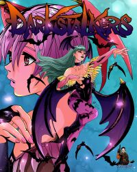 2girls bat_(animal) bat_wings black_boots boots choker fingerless_gloves green_eyes green_hair head_wings leotard lilith_(darkstalkers) morrigan_aensland painted_nails pink_fingernails pink_hair red_eyes succubus very_long_hair zeryo.9
