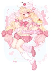 1girl animal_ear_fluff animal_ears backpack bag blonde_hair blush borrowed_character bow bowtie buttons cardigan cat_ears cat_girl cherry commission english_text food frilled_bowtie frilled_pillow frills fruit full_body hair_bow hair_sprinkles heart heart_button highres holding holding_plate holding_spoon leg_warmers low_twintails original pillow pink_bow pink_bowtie pink_eyes pink_pillow pink_skirt plate pleated_skirt polka_dot_pillow pudding pyanyasha randoseru sailor_collar simple_background skirt smile solo spoon sprinkles standing standing_on_one_leg twintails whipped_cream white_leg_warmers white_sailor_collar yellow_cardigan 