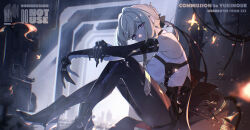  1girl absurdres bare_shoulders black_gloves black_pants blonde_hair blush breasts chinese_commentary commentary_request commission evelyn_chevalier from_side full_body gloves high-waist_pants high_heels highres ikka_(theworl35753194) large_breasts latex latex_pants looking_at_viewer pants rain scar scar_on_shoulder shirt short_hair sitting solo tight_clothes tight_pants turning_head violet_eyes white_shirt zenless_zone_zero 