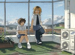  2girls :d black_pants blonde_hair blue_skirt blue_sky bright_pupils brown_hair chain-link_fence condenser_unit crocs day dot_nose fence freckles highres medium_hair mountainous_horizon multiple_girls on_rooftop original outdoors pants pants_under_skirt pleated_skirt sandals shadow shirt short_hair short_sleeves sihyun25 sitting skirt sky smile socks track_pants white_pupils white_shirt white_socks 
