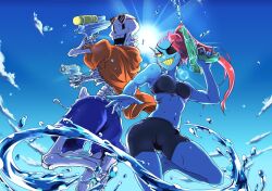  1boy 1girl 2018 2d alternate_costume anthro back-to-back black_eyepatch black_swimsuit blue_male_swimwear blue_skin blue_sky breasts colored_sclera colored_skin colored_teeth day digital_media dual_wielding duo ear_fins eyepatch eyewear_on_head female fins fish fish_girl from_below head_fins heart-shaped_eyewear high_ponytail holding holding_water_gun hood hood_down hooded_jacket humanoid jacket kagehi_g long_hair male male_swimwear midriff monster monster_boy monster_girl open_clothes open_jacket orange_jacket outdoors papyrus_(undertale) pink-framed_eyewear ponytail red_hair sharp_teeth skeleton sky slit_pupils sun sunglasses swim_trunks swimsuit teeth undead undertale undyne utdr_(toby_fox) water water_gun yellow_sclera yellow_teeth 