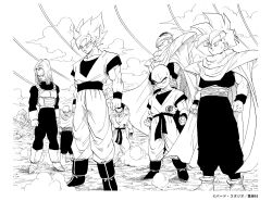  6+boys armor bald boots cape clenched_hands clouds commentary_request copyright_notice dougi dragon_ball dragon_ball_z dust_cloud facial_mark forehead_mark gloves greyscale kuririn male_focus medium_hair monochrome multiple_boys muscular muscular_male official_art piccolo serious shoulder_pads son_gohan son_goku super_saiyan super_saiyan_1 tenshinhan third_eye toriyama_akira trunks_(dragon_ball) trunks_(future)_(dragon_ball) yamcha 