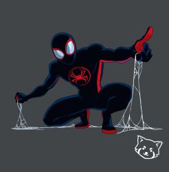  animal_print artist_logo highres logo marvel miles_morales shifusart silk spider-man:_across_the_spider-verse spider-man:_into_the_spider-verse spider-man_(miles_morales) spider-man_(series) spider-verse spider_print spider_web squatting 