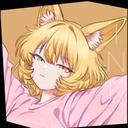  1girl absurdres alternate_costume animal_ear_fluff animal_ears artist_name black_border blonde_hair border brown_background closed_mouth commentary detached_sleeves diamond-shaped_pupils diamond_(shape) dot_nose fox_ears fox_girl half-closed_eyes highres ink_black looking_at_viewer missing_headwear pink_shirt portrait shirt short_hair simple_background solo spanish_commentary symbol-shaped_pupils touhou yakumo_ran yellow_eyes 