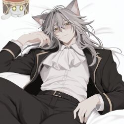  1other :3 absurdres akivili_(akivimeow)_(honkai:_star_rail) akivili_(honkai:_star_rail) androgynous animal_ear_fluff animal_ears animalization antenna_hair ascot belt black_belt black_eyes black_jacket black_pants blush buttons cake_cat_(honkai:_star_rail) cat cat_ears cat_tail closed_mouth collared_shirt cowboy_shot design_speculation grey_hair hair_between_eyes hand_up highres honkai:_star_rail honkai_(series) jacket kemonomimi_mode lapels long_hair long_sleeves looking_at_viewer lying mvgwq on_back on_bed open_clothes open_jacket other_focus pale_skin pants person_and_animalization pillow russian_commentary shirt smile solo star-shaped_pupils star_(symbol) symbol-shaped_pupils tail white_ascot white_cat white_shirt yellow_pupils 