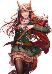  absurdres aiguillette animal_ears ascot black_thighhighs breasts brown_hair buttons cape closed_mouth commentary_request double-breasted earrings epaulettes gloves green_jacket green_skirt hair_between_eyes highres horse_ears horse_girl horse_tail jacket jewelry long_hair long_sleeves looking_at_viewer medal medium_breasts mommy_maro multicolored_hair red_cape side_cape simple_background single_earring single_epaulette skirt smile streaked_hair symboli_rudolf_(emperor's_path)_(umamusume) symboli_rudolf_(umamusume) tail thigh-highs umamusume violet_eyes white_ascot white_background white_gloves white_hair 