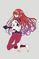  1girl alternate_hair_length_(longer) amate_yuzuriha aqua_eyes barefoot bodysuit breasts commentary_request gundam gundam_gquuuuuux highres kimidori_(haruzionmitaka) long_hair looking_at_viewer mecha_pilot_suit multicolored_bodysuit normal_suit_(gundam) red_hair science_fiction simple_background solo spacesuit 
