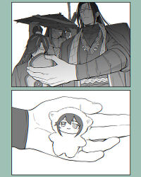  1boy 2girls ^_^ absurdres animal_costume character_doll chinese_clothes closed_eyes coat coat_on_shoulders commentary doll greyscale hair_bun hair_over_one_eye hanfu hat highres hong_lu_(project_moon) jia_qiu_(project_moon) limbus_company long_hair maki_maki_(makimakipoipoi) monochrome multiple_girls project_moon rice_hat scarf sheep_costume stole turtleneck very_long_hair zigong_(project_moon) zilu_(project_moon) 