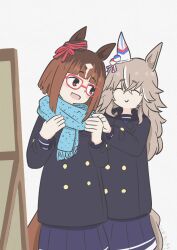  2girls absurdres animal_ears blue_coat blue_scarf breasts brown_hair buttons closed_eyes closed_mouth coat double-breasted ear_covers ear_ribbon glasses grey_hair hair_between_eyes highres horse_ears horse_girl horse_tail koshiba_taiyaki long_hair long_sleeves mirror multicolored_hair multiple_girls open_mouth purple_serafuku purple_skirt red-framed_eyewear red_eyes scarf school_uniform serafuku short_hair single_ear_cover skirt smile streaked_hair tail tracen_school_uniform tracen_winter_coat transcend_(umamusume) umamusume white_hair winter_clothes winter_coat wonder_acute_(umamusume) 