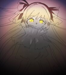  1girl bow breasts closed_mouth commentary_request dress expressionless goddess_madoka hair_bow kaname_madoka long_hair looking_at_viewer mahou_shoujo_madoka_magica mahou_shoujo_madoka_magica:_walpurgis_no_kaiten ribbon sisumarisa solo two_side_up upper_body yellow_eyes 