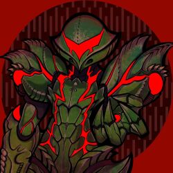  1girl arm_cannon armor assault_visor clawed_gauntlets commentary facing_viewer green_armor helmet metroid metroid_dread metroid_suit power_armor power_suit_(metroid) red_assault_visor red_background samus_aran shoulder_spikes solo spikes untranslatable_commentary upper_body weapon windierrev 