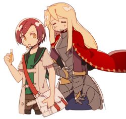  2boys anpolly armor bag blonde_hair breastplate cape coat commentary_request cowboy_shot cropped_legs gauntlets hand_on_own_stomach hand_up holding holding_test_tube male_focus medic_(sekaiju_4) medic_3_(sekaiju_4) mouth_hold multiple_boys purple_hair red_cape sekaiju_no_meikyuu sekaiju_to_fushigi_no_dungeon short_hair shoulder_bag simple_background sovereign_(sekaiju) sovereign_3_(sekaiju) test_tube white_background white_coat 
