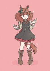  1girl animal_ears black_dress blush boots bow bowtie brown_boots brown_eyes brown_hair diagonal-striped_bow dress ear_bow ear_covers ear_ribbon green_bow green_bowtie highres horse_ears horse_girl horse_tail juliet_sleeves koshiba_taiyaki long_sleeves medium_hair multicolored_hair nice_nature_(poinsettia_ribbon)_(umamusume) nice_nature_(umamusume) open_mouth pinafore_dress puffy_sleeves red_socks shirt sleeveless sleeveless_dress smile socks solo streaked_hair striped_bow striped_bowtie striped_clothes tail twintails umamusume 