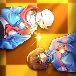  1boy 1other 2025 2d ambiguous_gender artist_name blue_jacket blue_sweater border brown_hair checkered_background checkered_floor child closed_eyes commission digital_media double_horizontal_stripe duo floor frisk_(undertale) from_above grey_hood hand_on_own_chest highres holding holding_knife holding_scarf holding_weapon hollow_eyes hood hood_down hooded_jacket horizontal-striped_clothes human humanoid jacket knife light_smile long_sleeves lying male midnightps monster monster_boy on_back on_floor open_clothes open_hand open_jacket open_mouth pink_stripes red_eyes red_scarf sans_(undertale) scarf shirt short_hair skeleton sparkle striped_clothes striped_sweater sweater teeth turtleneck turtleneck_sweater two-tone_sweater undead undertale unworn_clothes unworn_scarf upper_body utdr_(toby_fox) watermark weapon white_shirt white_sweater 