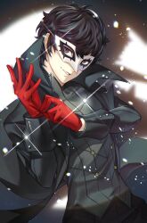  1boy adjusting_clothes adjusting_gloves amamiya_ren black_hair black_jacket brown_eyes commentary english_commentary gloves grin highres jacket joker_(persona_5) looking_at_viewer mask persona persona_5 red_gloves short_hair smile solo wanderstillart 