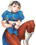  boots bracelet breasts bun_cover china_dress chinese_clothes chun-li cross-laced_footwear crossed_arms double_bun jewelry knee_boots large_breasts leg_up legs lips lowres matoyama pantyhose short_hair spiked_bracelet spikes street_fighter thick_thighs thighs 