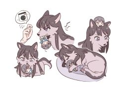  1other angry animal animal_focus animal_with_hair animalization bang_dream! bang_dream!_it's_mygo!!!!! brown_hair character_doll closed_eyes commentary_request disembodied_hand dog doll korean_commentary long_hair mole mole_under_eye multiple_views saiaku_dan shiina_taki simple_background sleeping spoken_object takamatsu_tomori violet_eyes washing_machine white_background 