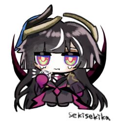  1girl artist_name black_dress black_hair blunt_bangs bright_pupils brown_hair central_heterochromia chibi chibi_only dress hair_ornament headpiece honkai_(series) honkai_impact_3rd kaseki_(sekisekika) layered_clothes leylah_(honkai_impact) long_hair multicolored_eyes multicolored_hair purple_hands streaked_hair tears very_long_hair white_background white_streaks 