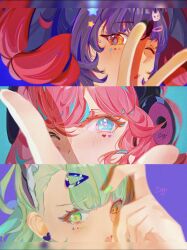  3girls angels_of_delusion animal_ear_hairband animal_ears aria_(human)_(zenless_zone_zero) aria_(zenless_zone_zero) asymmetrical_bangs black_hair blue_eyes blush cat_ear_hairband cat_ears close-up colored_inner_hair commentary earrings english_commentary fake_animal_ears green_eyes green_hair hair_ornament hairband half-heart_hands heart heart_earrings highres jewelry looking_at_viewer multicolored_hair multiple_girls nangong_yu one_eye_closed open_mouth pink_hair portrait red_eyes reo9526 streaked_hair sunna_(afternoon_tea_break)_(zenless_zone_zero) sunna_(zenless_zone_zero) v zenless_zone_zero 