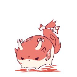  :< angry bow closed_mouth creature fujiwara_no_mokou fukodesu highres horn_bow horn_ornament horns looking_at_viewer no_humans ofuda red_fur sukusuku_hakutaku tail tail_bow tail_ornament touhou yellow_fur 