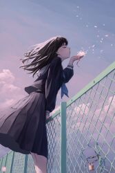  1girl acorn_dongur1 blowing blue_ribbon chain chain-link_fence closed_eyes fence highres long_hair petals pink_sky ribbon rooftop school_uniform sky 
