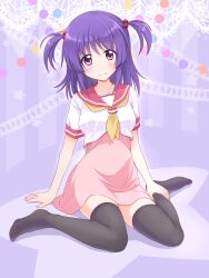  1girl black_thighhighs blush breasts closed_mouth commentary cropped_shirt eyes_visible_through_hair full_body hair_between_eyes hair_bobbles hair_ornament hakuo_school_uniform hand_on_own_leg hayate_no_gotoku! high-waist_skirt highres looking_at_viewer marutae medium_breasts medium_hair neckerchief no_shoes pink_skirt purple_background purple_hair red_sailor_collar sailor_collar sailor_shirt school_uniform segawa_izumi serafuku shadow shirt short_sleeves simple_background sitting skirt smile solo split_mouth star_(symbol) star_symbol_background tareme thigh-highs two_side_up violet_eyes wariza white_shirt yellow_neckerchief zettai_ryouiki 
