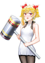  1girl absurdres aged_down alternate_costume bare_shoulders black_pantyhose blonde_hair bow ckia_(kaela_kovalskia) commentary dress earrings english_commentary hair_bow hair_ornament halter_dress halterneck hammer highres holding holding_hammer hololive hololive_indonesia jewelry kaela_kovalskia looking_at_viewer medium_hair moecchi multiple_girls open_mouth pantyhose red_eyes short_dress simple_background single_earring sleeveless sleeveless_dress solo teeth thighs twintails upper_teeth_only virtual_youtuber white_background white_dress 
