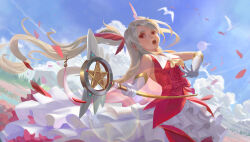  1girl absurdres bird blue_sky buster clouds commentary_request falling_petals fate/kaleid_liner_prisma_illya fate_(series) gloves highres holding holding_wand illyasviel_von_einzbern kaleidostick long_hair magical_girl open_mouth pentagram petals prisma_illya red_eyes red_petals sky solo wand white_bird white_gloves 