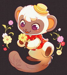  1boy animal_crossing animal_crossing:_new_horizons artist_name blush commentary employee_uniform floral_print floral_print_shirt flower furry furry_male hat highres holding holding_flower looking_at_object mini_hat monkey_boy niko_(animal_crossing) pink_flower print_shirt puffygator red_flower red_shirt shirt solo violet_eyes white_flower yellow_flower 