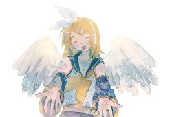  1girl angel angel_wings beckoning black_sailor_collar black_shorts black_sleeves blonde_hair bow breasts closed_eyes detached_sleeves facing_viewer hair_bow hair_ornament hairclip headphones headset highres kagamine_rin midriff navel neckerchief open_hands open_mouth parallel_hairclips reaching reaching_towards_viewer sailor_collar shirt short_hair shorts simple_background sleeveless sleeveless_shirt small_breasts treble_clef vocaloid white_background white_bow white_shirt wings xewitbrd yellow_neckerchief yellow_trim 