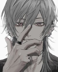  1boy close-up commentary_request earrings grey_hair hair_between_eyes highres jewelry looking_at_viewer medium_hair mizooti_0 mullet multiple_rings original pink_eyes ring simple_background solo white_background 