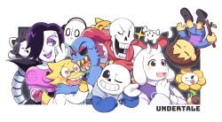  0_0 2018 2d 3girls 3others 4boys alphys ambiguous_gender android animal animal_ears animal_nose annoying_dog anthro armor black_background black_eyepatch black_hair black_shorts blue_jacket blue_shorts blue_skin blue_sweater blush body_fur bone border brothers brown_eyes brown_hair buck_teeth cape child closed_eyes colored_sclera colored_skin colored_teeth copyright_name cousins delta_rune_(symbol) delta_rune_print digital_media dog double_horizontal_stripe droopy_ears ear_fins english_text eyepatch fangs female fins fish fish_girl floppy_ears flower frisk_(undertale) furry furry_female ghost gloves goat goat_boy goat_ears goat_girl goat_horns grey_hood hair_over_one_eye hand_on_own_cheek head_fins headphones heart_in_eye height_difference high_ponytail highres holding holding_stick hollow_eyes hood hood_down hooded_jacket horizontal-striped_clothes horns hug human humanoid humanoid_robot jacket lizard lizard_girl long_hair long_sleeves male mammal mettaton mettaton_ex mittens monster monster_boy monster_girl monster_kid_(undertale) multiple_animal_ears multiple_boys multiple_girls multiple_others napstablook one_eye_closed open_clothes open_jacket open_mouth outside_border papyrus_(undertale) pauldrons pink_eyes pink_stripes plant ponytail purple_robe red_cape red_gloves red_hair reptile reptile_girl robe robot robot_boy sans_(undertale) satokichi scalie sentient_flower sharp_teeth sheet_ghost shirt short_hair shorts siblings simple_background single_vertical_stripe skeleton skin_fangs slit_pupils stick striped_clothes striped_shorts striped_sweater sweat sweater symbol_in_eye teeth temmie text tongue tongue_out toriel two-tone_sweater undead undertale undyne upper_body upside-down utdr_(toby_fox) vertical-striped_clothes vertical-striped_shorts white_armor white_background white_border white_dog white_fur white_gloves white_horns white_mittens white_shirt white_sleeves white_stripes yellow_flower yellow_sclera yellow_skin yellow_teeth yellow_trim 
