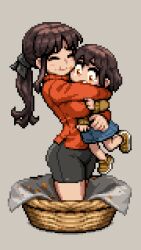  2girls basket big_sister_(navigavi) bike_shorts black_ribbon black_shorts blue_skirt borrowed_character breasts brown_hair carrying carrying_person chewing child closed_eyes closed_mouth commentary_request cropped_legs crumbs denim denim_skirt do_not_want eyelashes food food_on_face from_side full_body grey_background hair_ribbon highres hug large_breasts little_sister_(navigavi) long_hair long_sleeves looking_down multiple_girls nishi open_mouth orange_eyes orange_sweater original pixel_art ponytail ribbon short_hair short_shorts shorts siblings sidelocks simple_background sisters skirt smile sweater tearing_up teeth turtleneck turtleneck_sweater variant_set yellow_sweater 