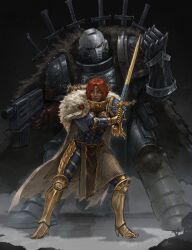  1boy 1girl absurdres adepta_sororitas adeptus_astartes armor blue_eyes bolter cloak commentary english_commentary fighting_stance full_armor full_body fur_cloak gauntlets gun helmet highres holding holding_gun holding_sword holding_weapon orange_hair pauldrons power_armor purity_seal shipian shoulder_armor size_difference studded_pauldrons sword warhammer_40k weapon 