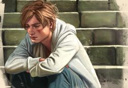  1boy absurdres arms_on_knees blonde_hair blood blood_on_face blue_eyes blue_pants commentary crossed_arms denim downcast_eyes english_commentary highres hood hood_down hoodie injury jeans leon_s._kennedy male_focus messy_hair pants parted_bangs resident_evil short_hair sitting sitting_on_stairs solo stairs starkveil very_short_hair white_hoodie 