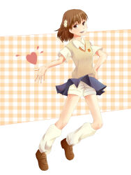  1girl :d absurdres bare_arms brown_eyes brown_hair brown_shoes brown_sweater_vest collared_shirt commentary dated_commentary emblem flower_hairclip full_body hand_on_own_hip heart highres kneehighs light_blush loafers looking_at_viewer loose_socks medium_hair miniskirt misaka_mikoto open_mouth penny_loafers pleated_skirt school_emblem school_uniform shirt shoes short_shorts short_sleeves shorts shorts_under_skirt skirt smile socks solo summer_uniform sweater_vest teeth toaru_kagaku_no_railgun toaru_majutsu_no_index tobe! tokiwadai_school_uniform upper_teeth_only v-neck white_background white_shirt 